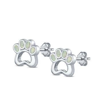 Paw Print Stud Earrings Lab Created White Opal 925 Sterling Silver (13mm)